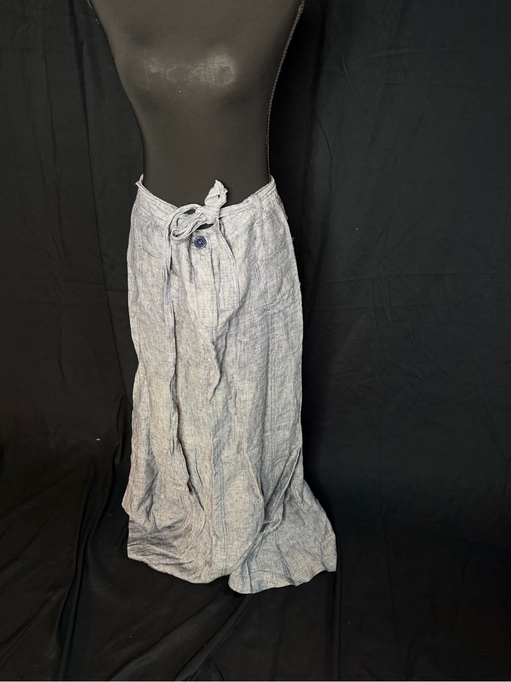 100% Linen Vintage Light Gray Linen-Blend Tie-Waist Maxi Skirt